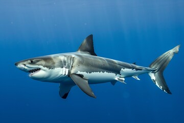 Fototapeta premium Close-up of a great white shark swimming in the deep blue ocean, showcasing its sharp teeth and distinct markings.