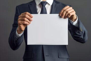 A person in a suit holding a blank sheet of paper against a gray background, providing space for customizable text or graphics.