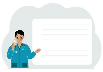 A male doctor holds pills in his hand. There is space for text next to it. Vector flat illustration.
