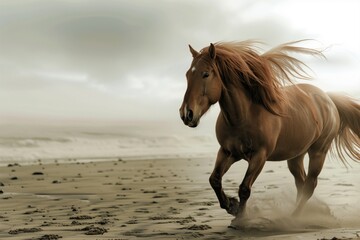 A brown horse with flowing mane gallops along a sandy beach under a cloudy sky, capturing freedom and motion. - Powered by Adobe