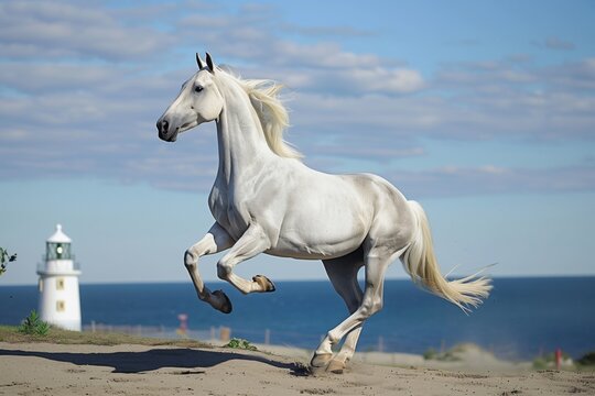 A majestic white horse gallops across a sandy beach with a lighthouse and the ocean in the background under a partly cloudy sky. - Powered by Adobe