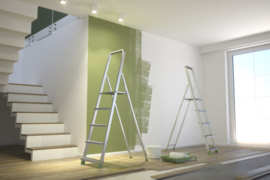 Renovation house. Repair in the apartment, painting walls. 3d illustration