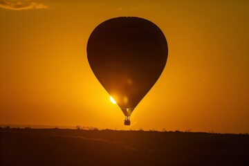 Fototapeta premium Silhouette of a hot air balloon against a dramatic sunset sky, creating a serene and picturesque scene of adventure and tranquility.