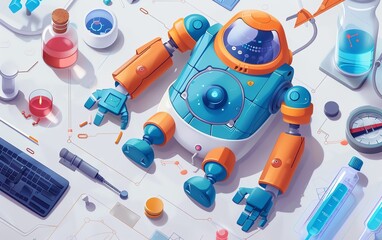 robot flat design top view laboratory theme cartoon drawing vivid