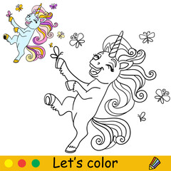 Kids coloring with cute dreaming unicorn with butterflies vector