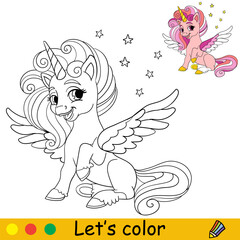 Coloring with color template unicorn with wings vector © alinart