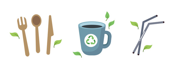 Set of eco friendly tableware items - reusable wooden cutlery, reusable ceramic cup, metal drinking straw. Zero waste concept. Vector illustration in cartoon style