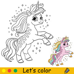 Coloring with color template unicorn with sparks vector