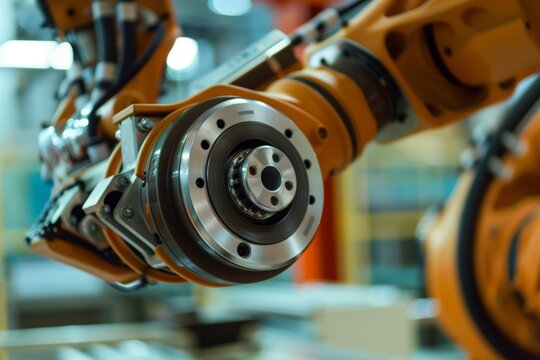 Close-up of an industrial robotic arm's end effector in a factory setting, showcasing advanced manufacturing technology and automation.