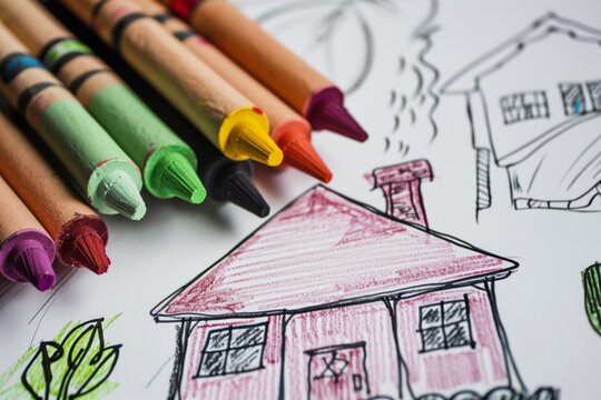 Close-up of colorful crayons and a child's drawing of houses on white paper. The drawing features a red house with a chimney and other sketched elements.