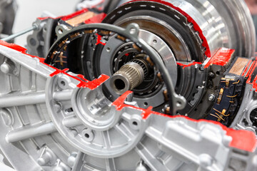 Hybrid traction head with clutch electric motor auto transmission cutaway.