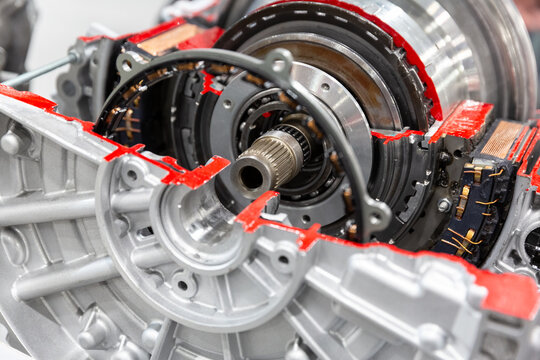 Hybrid traction head with clutch electric motor auto transmission cutaway.