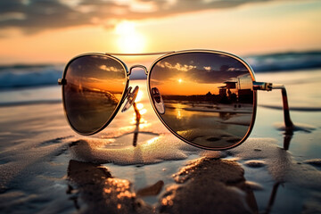 Sunglasses on the beach at sunset. Ai Generative