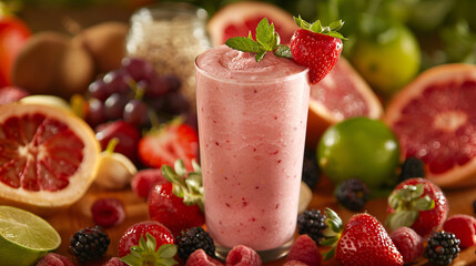 a glass of vivid colorful fruit smoothie  with fruits all around