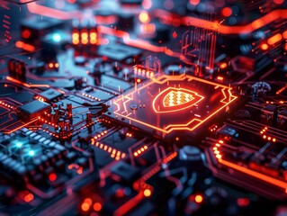 Cybersecurity Concept with Glowing Circuit Board
