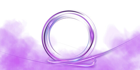 Purple magical geometric circle neon portal shrouded in light smoke. Round glowing frame. Futuristic teleporter. Light effect. Bright lights illuminate a night scene. Runway light effect. PNG.