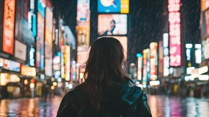 A Person standing with vibrant lights and bustling urban activity in the rain in Japan, capturing the dynamic energy of a modern city