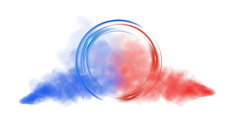 Blue and red magical geometric circle neon portal shrouded in light smoke. Round glowing frame. Futuristic teleporter. Light effect. Bright lights illuminate a night scene. Runway light effect. PNG.
