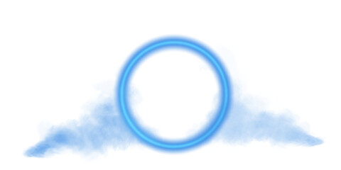 Blue magical geometric circle neon portal shrouded in light smoke. Round glowing frame. Futuristic teleporter. Light effect. Bright lights illuminate a night scene. Runway light effect. PNG.
