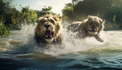 Two lions in the water decided to lunge at the camera.