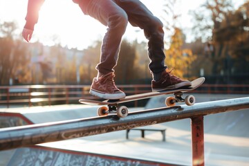 Close-up of a skateboarder grinding on a rail at a skate park during sunset, showcasing action and balance.