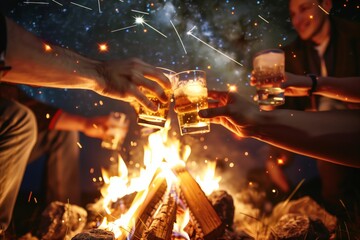 Group of friends toasting with beer glasses around a campfire under a starry night sky, celebrating outdoors.