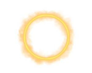 Yellow magical geometric circle neon portal shrouded in light smoke. Round glowing frame. Futuristic teleporter. Light effect. Bright lights illuminate a night scene. Runway light effect. PNG.

