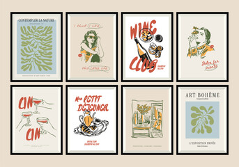 Minimal hand drawn vector dolce vita illustration set with aesthetic quote in a poster frame. Matisse style illustrations.	