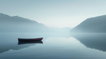 minimalist portrayal of a boat peacefully gliding on a tranquil lake