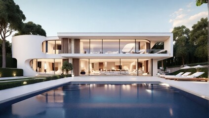 3D rendering of Impressive villa with pool at the end of the day
