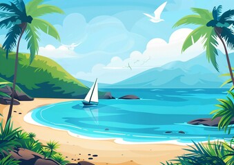 Tropical Beach Paradise with Sailing Boat and Palm Trees Illustration
