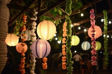 Fototapeta premium Colorful paper lanterns and floral garlands hanging in a night garden setting, creating a festive and enchanting atmosphere with warm string lights.