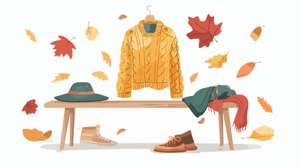Stylish autumn clothes on table against white background