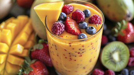 a glass of vivid colorful fruit smoothie  with fruits all around