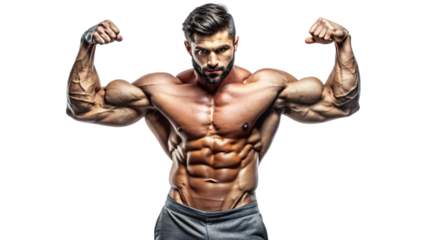 A muscular shirtless model is posing in a studio, showing off his well-defined abs and chest
