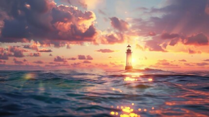 lighthouse in the ocean at sunset realistic
