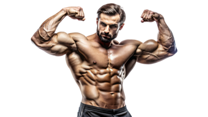A muscular shirtless model is posing in a studio, showing off his well-defined abs and chest