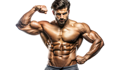 A muscular shirtless model is posing in a studio, showing off his well-defined abs and chest