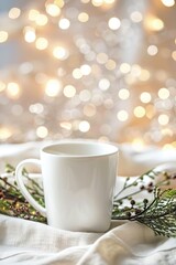 Fototapeta premium Cozy Winter Warmth: Mug, Pine Cones, and Twinkling Lights