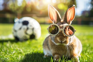 A cute rabbit wearing sunglasses sits on a grassy field with a soccer ball in the background under bright sunlight.