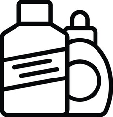 Simple black and white vector icons of household cleaning products for hygiene and sanitation, including detergent, spray, and cleaner bottles