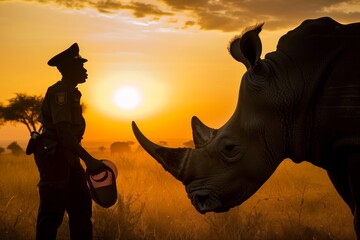 A park ranger stands face-to-face with a rhinoceros at sunset, highlighting wildlife conservation and protection in a savanna landscape.