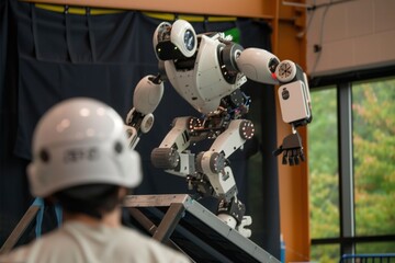 A humanoid robot practicing walking on an inclined surface while being observed by a person in a safety helmet.