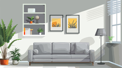 Stylish grey sofas shelving unit and lamp near light