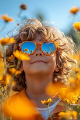 Curly little child in sunglasses looking up among wildflowers, selective focus