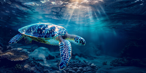 Fototapeta premium the green sea turtle swimming underwater, clear ocean water seabed, copy space for text
