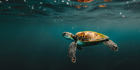 the green sea turtle swimming underwater, clear ocean water seabed, copy space for text