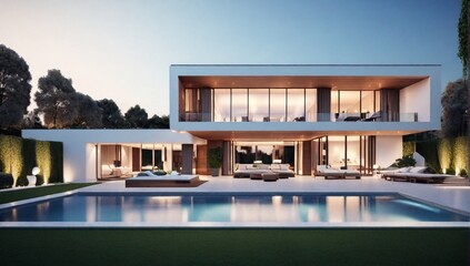 3D rendering of an impressive contemporary villa with garden and pool at dusk
