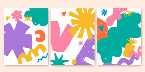Set of retro abstract colorful cards. Groovy hand drawn forms. Poster template. Funny art design.
