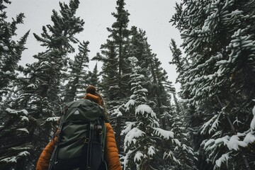 Backpacker in an orange jacket with a large green backpack, hiking through a snowy forest with tall evergreen trees. - Powered by Adobe